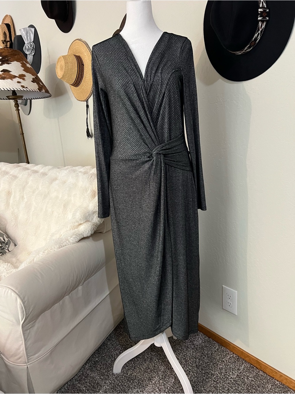 Row A Elegant Metallic Charcoal Knot-Waist Midi Dress